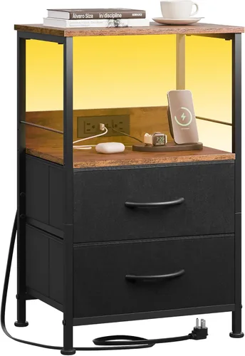 Miniatura 8 de WLIVE - Mesita de noche LED con estación de carga, mesita de noche negra con 2 cajones de tela y estante de almacenamiento, mesa auxiliar