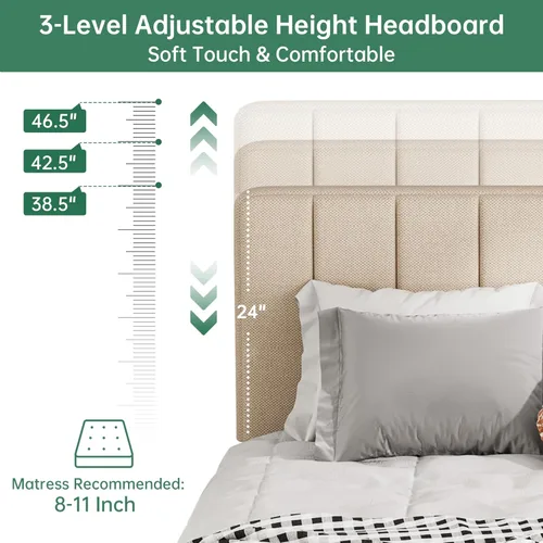 Miniatura 5 de Base de cama tamaño Queen con cabecera tapizada, base de cama de plataforma con cabecera suave de lino de altura ajustable, 10 piezas de soporte