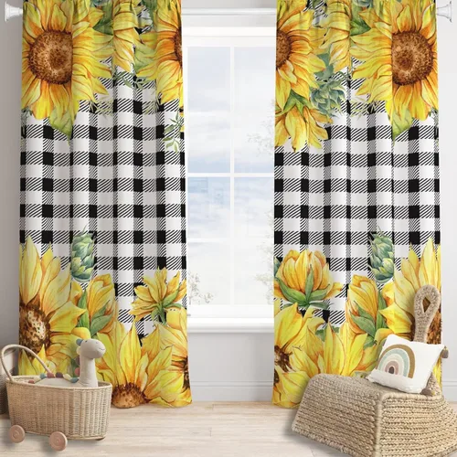 Miniatura 12 de Cortinas opacas con diseño de girasol, rústico, con diseño de girasol, mariposa, verde, amarillo, negro, para niñas, mujeres, dormitorio, sala