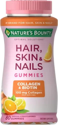 Nature's Bounty Soluciones Óptimas para Cabello, Piel y Uñas con Biotina y Colágeno, Gomitas con Sabor Cítrico, Suplemento Vitamínico, 2500 mcg, 80