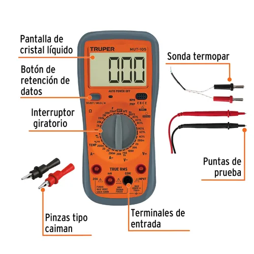 Miniatura 2 de TRUPER MUT-105 Multímetro digital profesional para mantenimiento automotriz