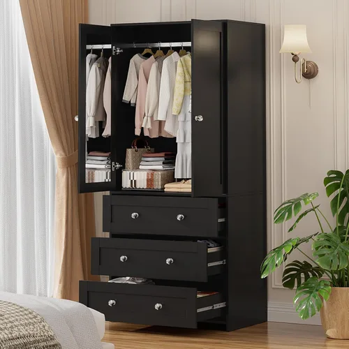 Miniatura 4 de VOWNER Armario Clóset con Cajones y Espejo, Gabinete de Almacenamiento de Ropa de 71" con Barra Colgante, Armario de Dos Puertas de Madera