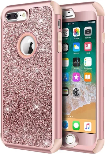 Miniatura 22 de Hython Defender con brillantina, carcasa rígida híbrida, a prueba de golpes, goma para iPhone 7 Plus y 8 Plus, Negro Oscuro