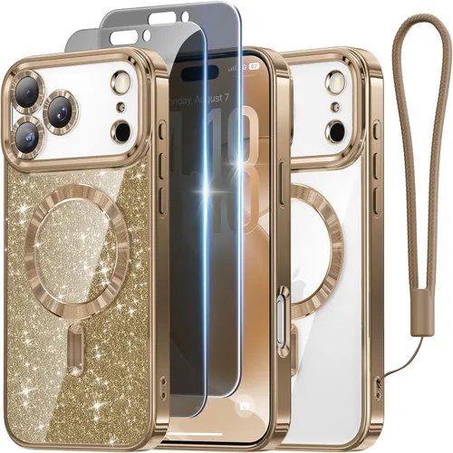 Miniatura 33 de Meifigno Candy Mag Series - Funda diseñada para iPhone 15 Pro, compatible con MagSafe, tarjeta con purpurina y correa de muñeca, protección completa