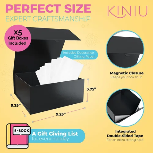 Miniatura 2 de Kiniu Paquete de 5 cajas de regalo negras con tapas a granel, cajas de regalo para regalos con 25 piezas de papel de seda blanco, juego de cajas