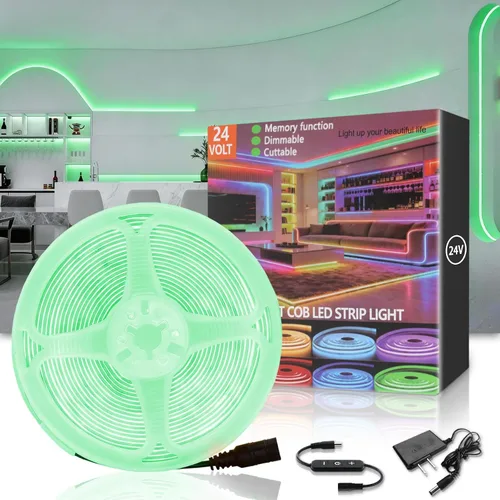 Tira de luces LED COB verde de 10 pies, 24 V, regulable, alta CRI95+, ultra brillante, flexible, tira de luces LED, tira de luces para el día de San