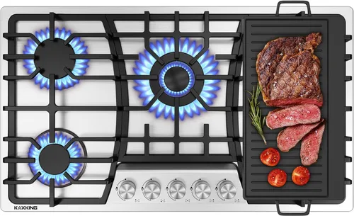 Cocina de gas de 36 pulgadas con plancha, estufa de gas con 5, parrilla/plancha de hierro fundido reversible, convertible NG/GLP, con protección por