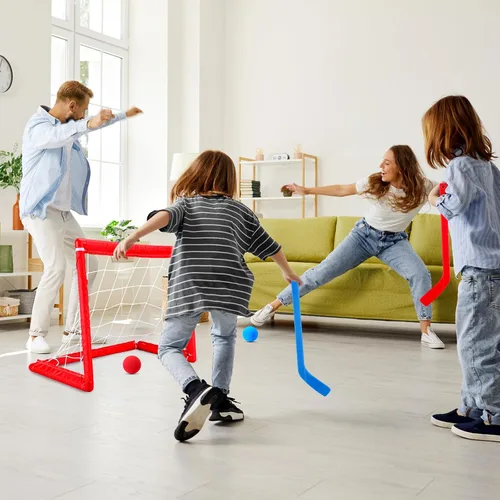 Miniatura 5 de Leyndo Juego de 2 juegos de mini hockey para niños, incluye 2 redes de hockey, 2 mini portería de hockey, 4 mini palos de hockey de plástico, 4 rojo