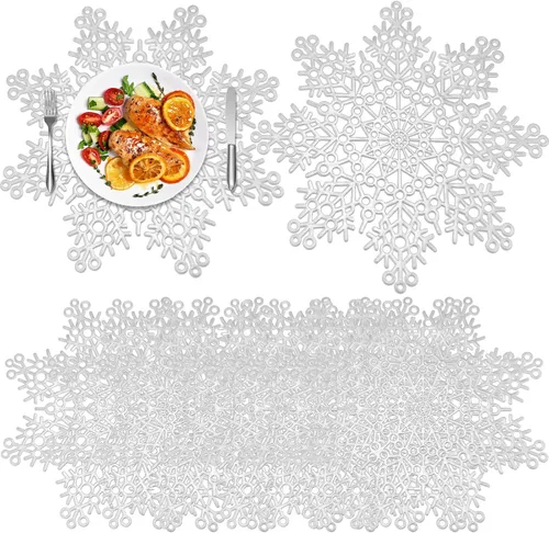 Eccliy Juego de 12 manteles individuales plateados con copos de nieve de 15 pulgadas, vinilo prensado metálico, lavable, resistente al calor,