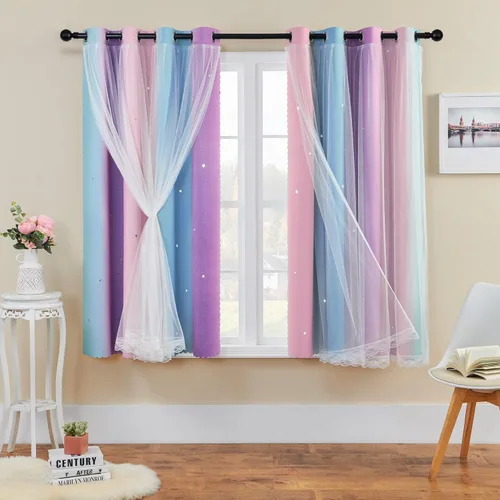 Miniatura 101 de XiDi Cortinas opacas con estrellas para habitaciones de niños, cortinas verdes para ventana de dormitorio de niños, azul y gris, 52 pulgadas de Azul