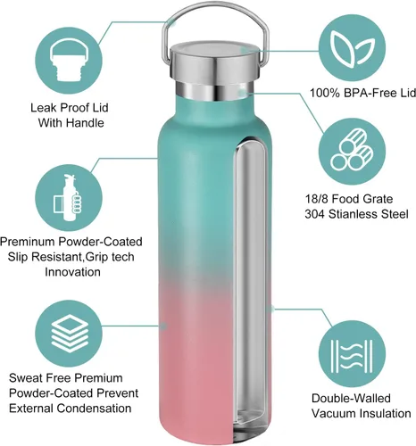 Miniatura 3 de Neihepal Paquete de 4 botellas de agua aisladas de 20 onzas, botella deportiva de doble pared de acero inoxidable con tapa de asa, termo Bubble gum