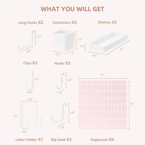 Miniatura 3 de VUSIGN Kit de organizador de pared combinado de tablero de clavijas, 4 piezas de tableros de clavijas y 17 accesorios modulares para colgar, kit