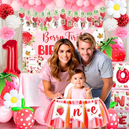 Miniatura 3 de RainMeadow Juego de decoraciones de primer cumpleaños de bayas de alta calidad, decoraciones de primer cumpleaños de fresa para niña con pancarta