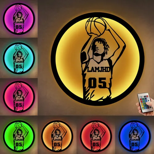 Miniatura 20 de Letrero de metal personalizado para jugador de baloncesto con luz LED, nombre y número personalizados, arte de pared de baloncesto, decoración