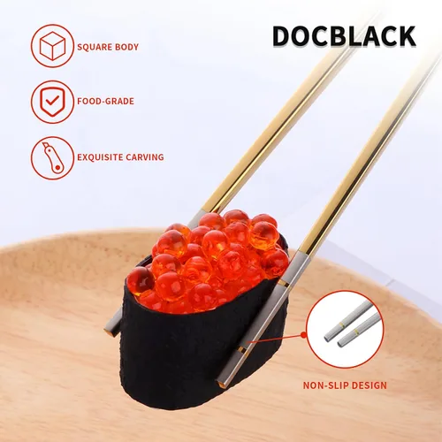 Miniatura 3 de DOCBLACK Palillos de acero inoxidable con soporte para palillos, estante de secado de utensilios, 5 pares de palillos reutilizables aptos