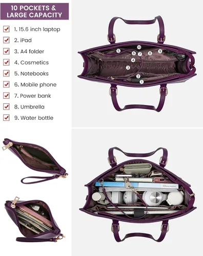 Miniatura 4 de LOVEVOOK Bolsa para laptop para mujer, bolsa de trabajo para laptop de 15.6 pulgadas, maletín grande de cuero impermeable para oficina, beige y negro