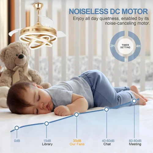 Miniatura 7 de Ventilador de techo de 52 pulgadas con luces y control remoto, moderno ventilador de techo plateado, lámpara LED, silenciosa, reversible, motor