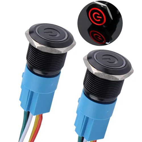 Miniatura 9 de 2 piezas interruptor de botón pulsador con pestillo de 16mm, 12V-24V, encendido/apagado, 1NO 1NC, impermeable IP66, carcasa de metal negro