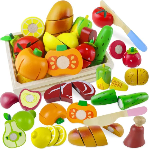 Miniatura 12 de Juegos de alimentos de madera para cocinas de niños pequeños de 3, 4, 5 años, juguetes de simulación de corte, juguetes educativos de madera