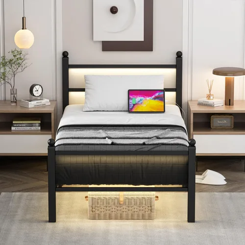 Miniatura 8 de Marcos de cama individuales con estación de carga y luces LED, marco de cama de metal tamaño individual con cabecera y pie de cama, plataforma