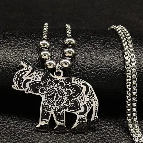 Miniatura 5 de Pulsera de cadena de acero inoxidable con esmalte de elefante de moda 2023 para mujer, color plateado, collar largo de declaración, joyería