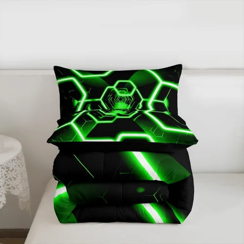 Miniatura 3 de Feelyou Juego de ropa de cama de panal de abeja, tamaño individual, juego de edredón hexagonal verde para niños y niñas, decoración geométrica