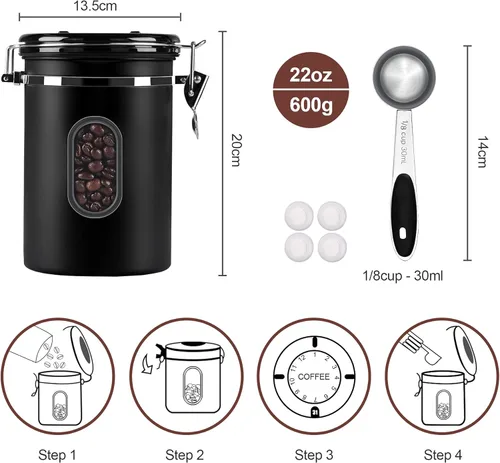 Miniatura 5 de Recipiente de café hermético de 60.9 fl oz con rastreador de fecha y ventana transparente, recipiente de café de 22.8 onzas líquidas con cuchara