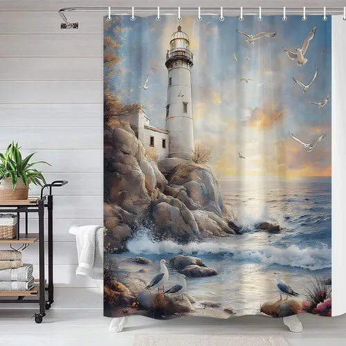 Miniatura 3 de Cortina de ducha con diseño de faro náutico, paisaje retro, costa, roca, gaviota, tropical, hawaiano, escena de poliéster, decoración de baño, 36 x