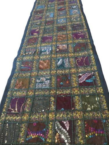JGARTS Camino de mesa bordado de retazos, tapiz de algodón con lentejuelas indias, bohemio, hippie, para colgar en la pared, tapiz de decoración