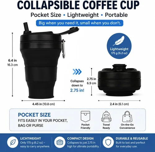 Miniatura 3 de Taza de Café de Silicona con Pajita y Tapa, Tazas Plegables para Viajar, 20oz, Taza de Agua Plegable Ligera para Picnic, Senderismo, Camping, Negro
