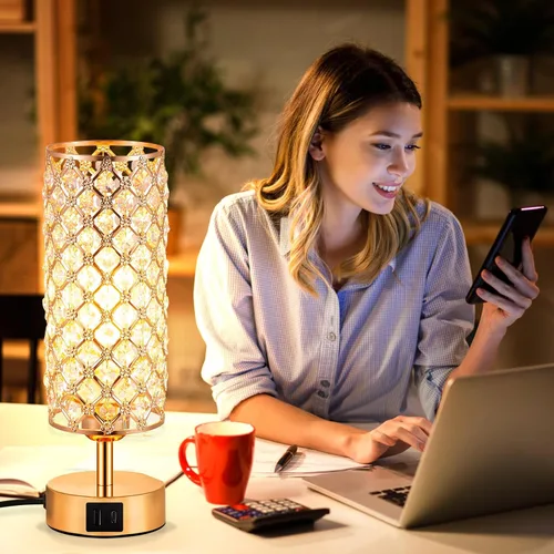 Miniatura 5 de Lámpara de mesa de cristal, lámpara dorada para dormitorio con puertos de carga USB-C y USB-A, luz regulable de 3 vías con pantalla de cristal