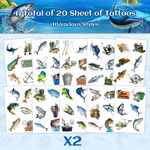 Miniatura 2 de 20 hojas (120 piezas) de tatuajes temporales de peces desaparecidos de pesca, recuerdo de fiesta para fiesta de cumpleaños, decoración de fiesta