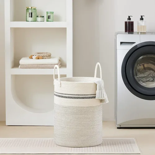 Miniatura 7 de VIPOSCO Cesta de lavandería grande, cesta de almacenamiento de cuerda tejida alta para mantas, juguetes, ropa sucia en la sala de estar, baño, Rayas