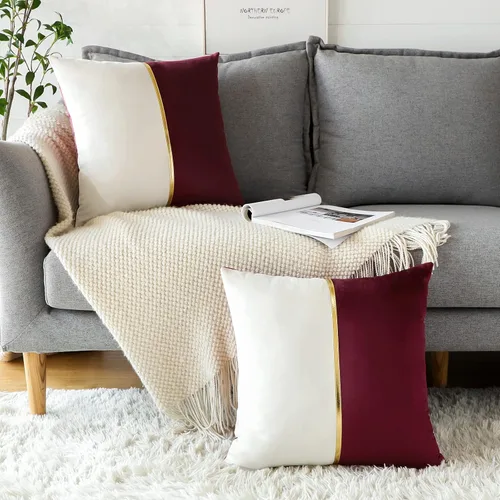 Miniatura 5 de OTOSTAR Fundas de cojín de terciopelo en rojo vino y blanco con parche de cuero dorado, lujo moderno minimalista, fundas de almohada cuadradas