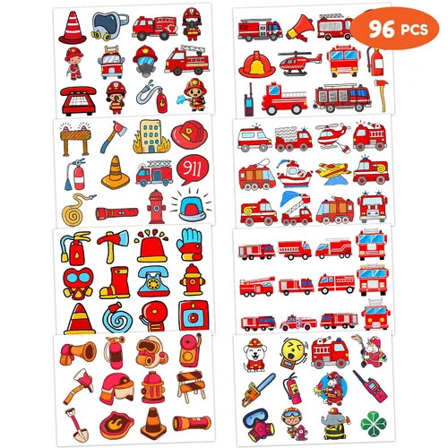 Miniatura 4 de 96 tatuajes temporales de bombero para niños, lindos tatuajes falsos de camión de bomberos para niños, regalos de fiesta de cumpleaños, recompensas