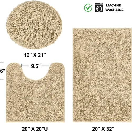 Miniatura 3 de Tapete de baño lavable a máquina, absorbe de agua, es antideslizante, suave y de microfibra, felpilla+F199:G228, Beige, 3 PCS