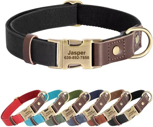 Miniatura 15 de Collares para perros personalizados, collar de piel sintética suave personalizada con nombre de mascota y número de teléfono para perros pequeños