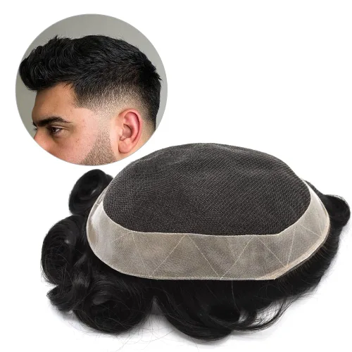 Miniatura 8 de Peluca de encaje francés superfina para hombres, postizos de encaje con sistemas de poliuretano, piel fina en todo el contorno del cabello humano