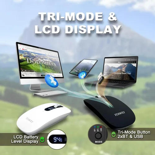 Miniatura 2 de Combo de mouse y almohadilla inalámbrica: pantalla LCD, Bluetooth y receptor USB, tres modos, recargable, clics silenciosos, con convertidor USB-C