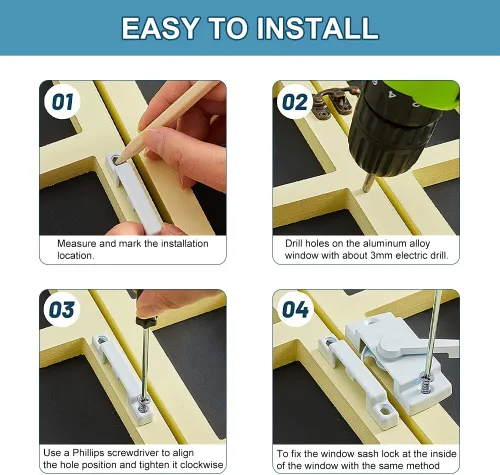 Miniatura 5 de Cerraduras deslizantes para ventana, color blanco, paquete de 2 cerraduras de leva para doble colgado de ventana, cerradura de vinilo de seguridad