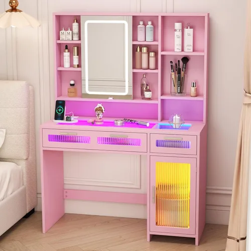 Miniatura 12 de Hadulcet Escritorio de tocador moderno negro con espejo LED de 3 modos, estación de carga y luces RGB, tocador pequeño con amplio almacenamiento