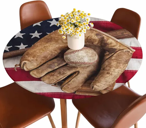 Mantel redondo de béisbol, bandera estadounidense, vintage, bate de béisbol, guante, para interiores y exteriores, picnic, fiesta, apto para mesas