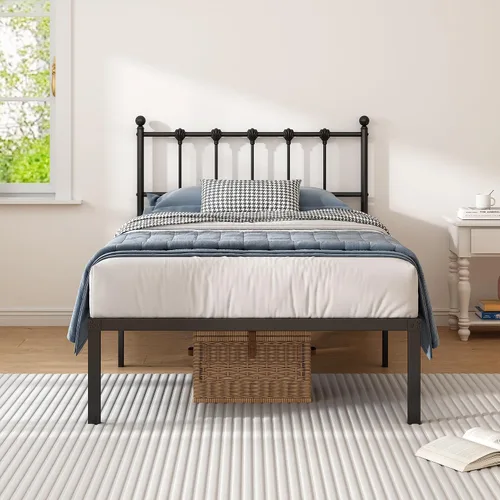 Miniatura 4 de Kujielan Armazón de Cama Tamaño Twin con Cabecera Moderna, Base de Cama de Plataforma de Metal con Soporte Fuerte, No Necesita Somier, Fácil