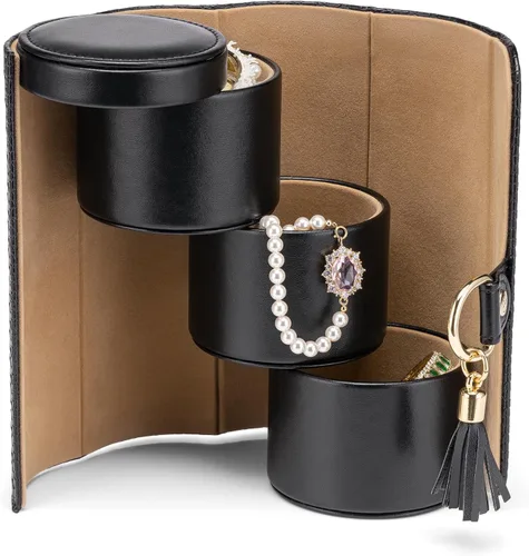 Vlando Organizador de rollos de joyería de viaje, organizador de cuero de 3 secciones de almacenamiento de joyas para collares, aretes, anillos,