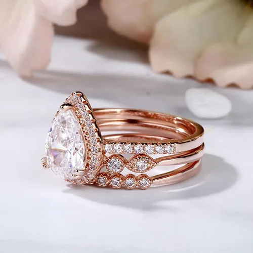 Miniatura 5 de Jeulia Juego de anillos de boda en forma de pera 3 piezas de plata de ley con corte de pera de halo de diamantes de oro rosa, anillo de boda