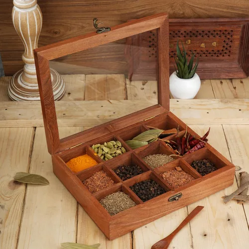 Ajuny Caja de especias de madera de 10 x 8 pulgadas, organizador decorativo indio Masala Dabba con tapa de vidrio, 12 compartimentos y cuchara
