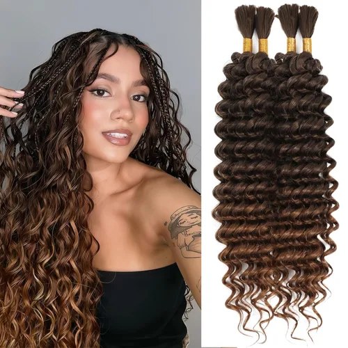 Miniatura 11 de Mezcla de cabello humano trenzado sintético bohemio para trenzar, 16 pulgadas de onda profunda a granel para trenzas bohemias, 2 piezas de cabello 1b