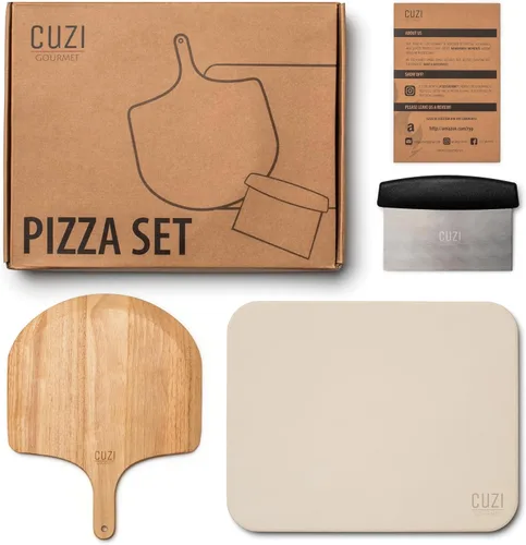 Miniatura 8 de Juego de piedra para pizza de 3 piezas - Piedra para pizza de cordierita resistente a golpes térmicos de 15x12", pala para pizza de madera natural