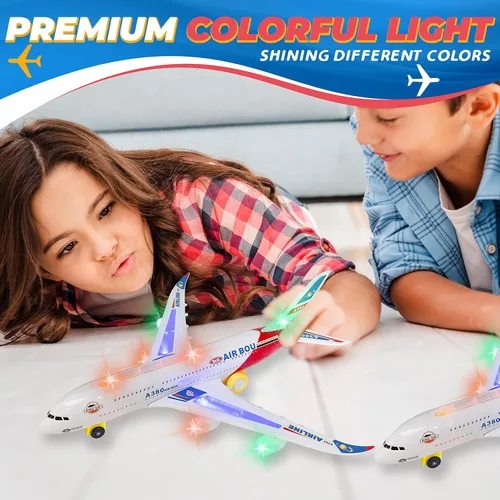 Miniatura 7 de Avión eléctrico Bump and Go Bou A380, para niños, acción divertida, gran modelo plano con luces y sonidos atractivos, cambia la dirección