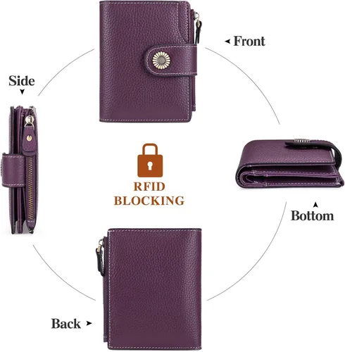 Miniatura 4 de FALAN MULE Cartera pequeña para mujer, de piel auténtica, plegable, compacta, pequeña, con bloqueo RFID, Púrpura, Casual